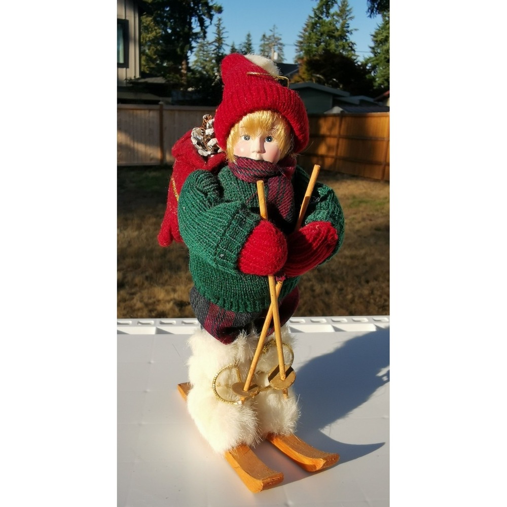 Winter Boys Doll Dressed in Vintage Knitted Hat Sweater Boots Wood Sled Skis